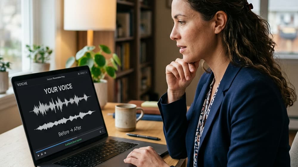 A woman at a laptop with her script open and her voice drawn as a waveform.