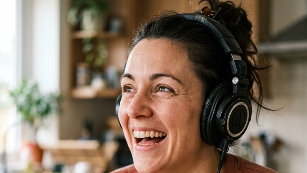 A woman in headphones laughing at her kitchen table, hearing a take land.